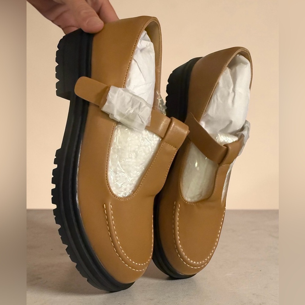 Women’s Tan Mary Jane Loafers with Lug Sole